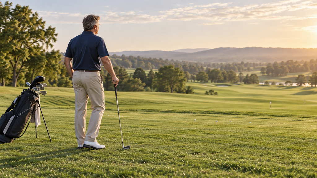 Recreational golfer holding an iron beside a golf bag and looking across a sunlit fairway